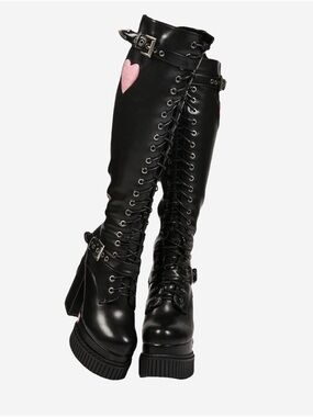 Black Over-the-Knee Lace-Up Platform Boots with Pink Heart Accent